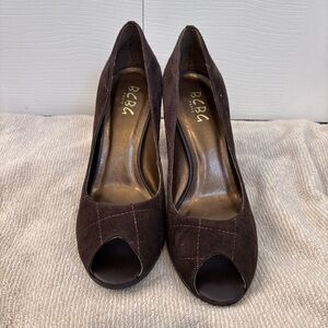 BCBG Brown Suede Peep-Toe Heels